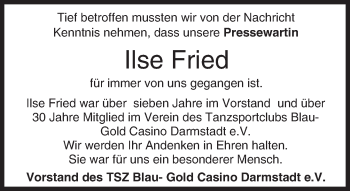 Traueranzeige von Ilse Fried von Trauerportal Echo Online