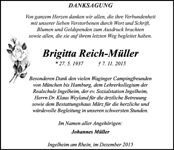 Traueranzeige von Brigitta Reich-Müller von  Allgemeine  Zeitung Ingelheim-Bingen