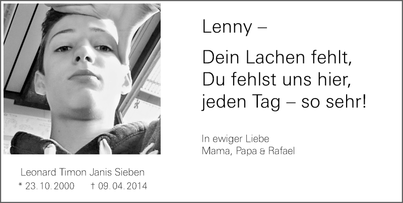  Traueranzeige für Leonard Timon Janis Sieben vom 09.04.2016 aus  Allgemeine Zeitung Mainz