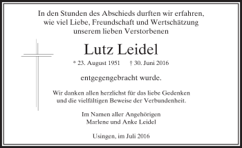 Traueranzeige von Lutz Leidel von  Usinger Anzeiger