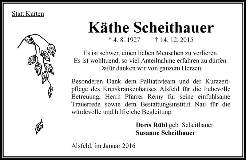  Traueranzeige für Käthe Scheithauer vom 16.01.2016 aus  OK Oberhessen Kurier