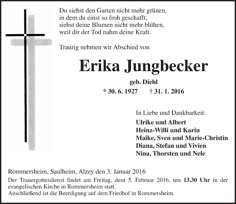  Traueranzeige für Erika Jungbecker vom 03.02.2016 aus  Allgemeine Zeitung Alzey