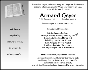 Traueranzeige von Armand Geyer von  Allgemeine  Zeitung Ingelheim-Bingen