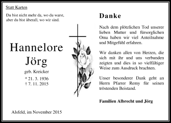 Traueranzeige von Hannelore Jörg von VRM Trauer