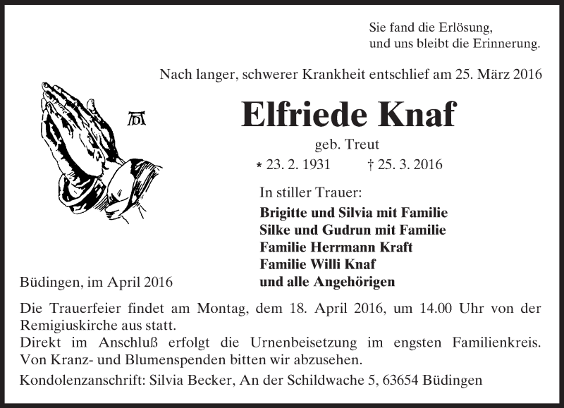  Traueranzeige für Elfriede Knaf vom 09.04.2016 aus  Kreisanzeiger