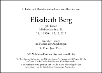 Traueranzeige von Elisabeth Berg von  Allgemeine Zeitung Mainz