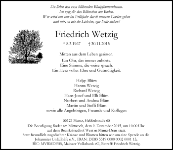 Traueranzeige von Friedrich Wetzig von  Allgemeine Zeitung Mainz