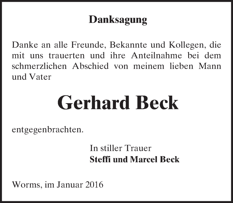  Traueranzeige für Gerhard Beck vom 12.01.2016 aus  Wormser Zeitung
