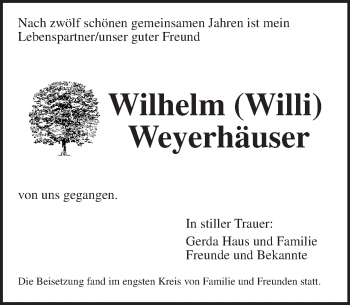Traueranzeige von Wilhelm Weyerhäuser von  Allgemeine  Zeitung Ingelheim-Bingen