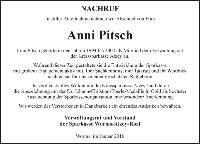  Traueranzeige für Anni Pitsch vom 08.01.2016 aus trauer.rmp.de