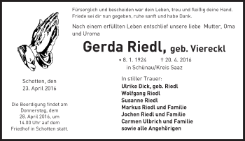Traueranzeige von Gerda Riedl von  Kreisanzeiger