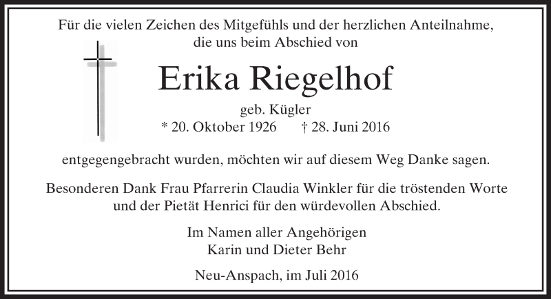  Traueranzeige für Erika Riegelhof vom 23.07.2016 aus  Usinger Anzeiger