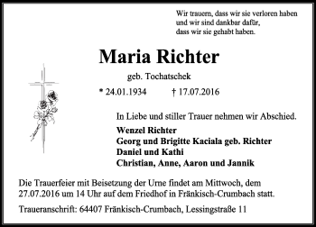 Traueranzeige von Maria Richter von Trauerportal Echo Online