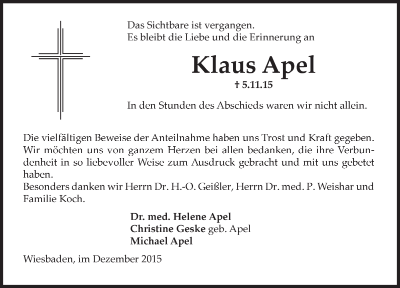  Traueranzeige für Klaus Apel vom 12.12.2015 aus  Wiesbaden komplett