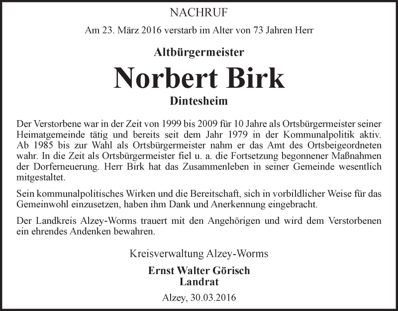  Traueranzeige für Norbert Birk vom 02.04.2016 aus  Allgemeine Zeitung Alzey