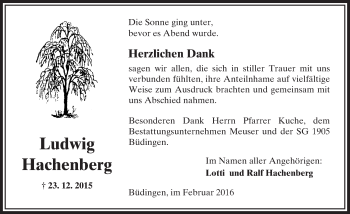 Traueranzeige von Ludwig Hachenberg von  Sonntags Anzeiger