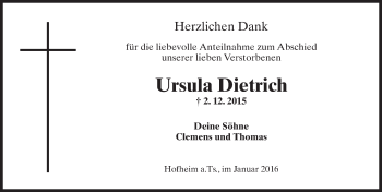 Traueranzeige von Ursula Dietrich von  Hofheimer Zeitung