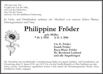 Traueranzeige von Philippine Fröder von  Allgemeine Zeitung Alzey