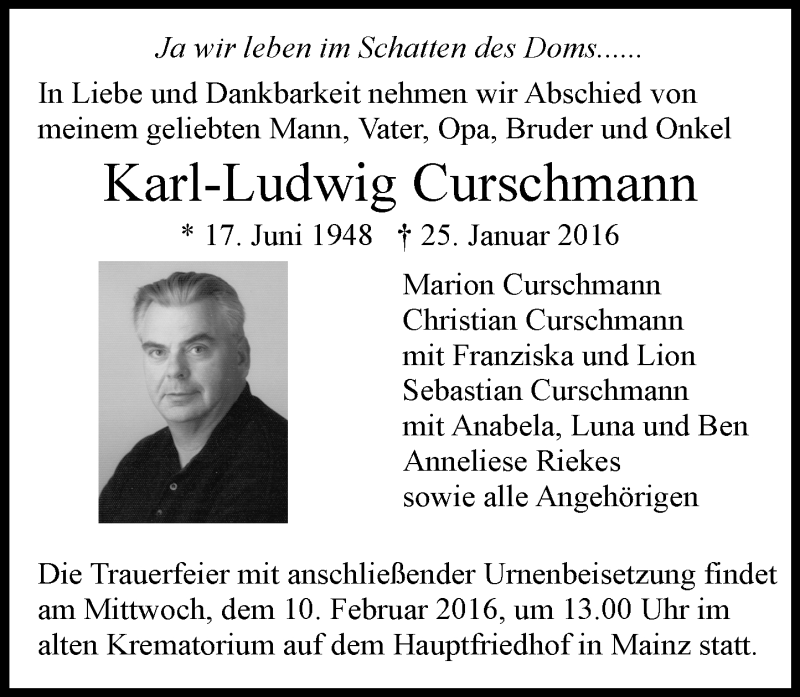  Traueranzeige für Karl-Ludwig Curschmann vom 06.02.2016 aus  Allgemeine Zeitung Mainz
