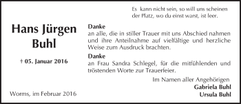 Traueranzeige von Hans Jürgen Buhl von  Wormser Zeitung