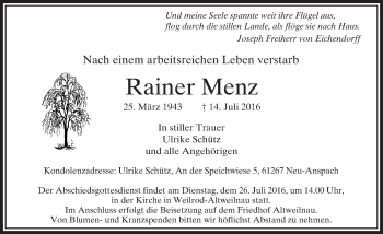 Traueranzeige von Rainer Menz von  Usinger Anzeiger