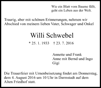 Traueranzeige von Willi Schwebel von Trauerportal Echo Online