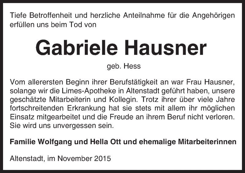  Traueranzeige für Gabriele Hausner vom 14.11.2015 aus  Kreisanzeiger