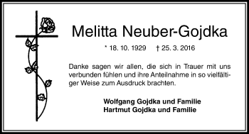 Traueranzeige von Melitta Neuber-Gojdka von  OK Oberhessen Kurier