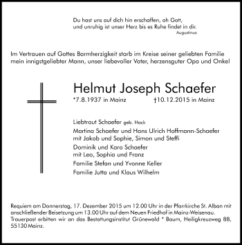 Traueranzeige von Helmut Joseph Schaefer von  Allgemeine Zeitung Mainz