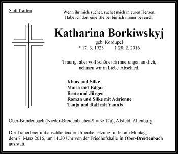Traueranzeige von Katharina Borkiwskyj von VRM Trauer