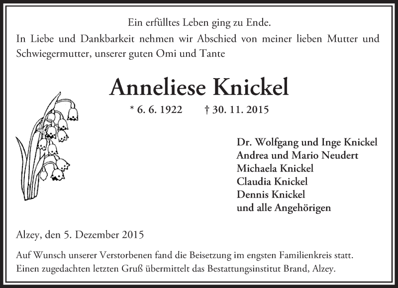  Traueranzeige für Anneliese Knickel vom 05.12.2015 aus  Allgemeine Zeitung Alzey