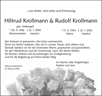 Traueranzeige von Hiltrud und Rudolf Krollmann von  Allgemeine Zeitung Mainz
