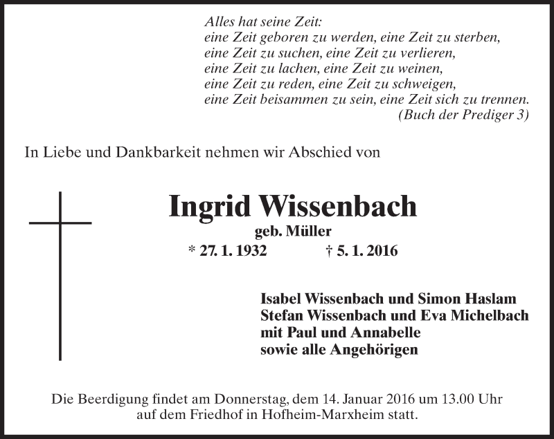  Traueranzeige für Ingrid Wissenbach vom 08.01.2016 aus  Hofheimer Zeitung