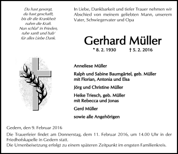 Traueranzeige von Gerhard Müller von  Kreisanzeiger