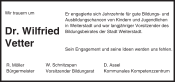 Traueranzeige von Wilfried Vetter von Trauerportal Echo Online