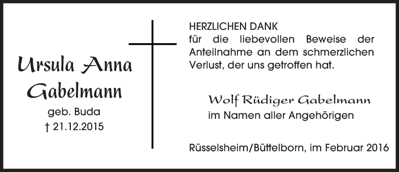  Traueranzeige für Ursula Anna Gabelmann vom 13.02.2016 aus  Mainspitze