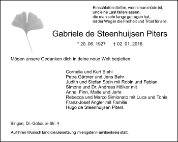 Traueranzeige von Gabriele de Steenhuijsen Piters von  Allgemeine  Zeitung Ingelheim-Bingen