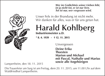 Traueranzeige von Harald Kohlberg von  Bürstädter Zeitung