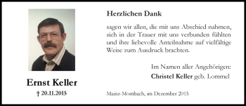 Traueranzeige von Ernst Keller von  Allgemeine Zeitung Mainz