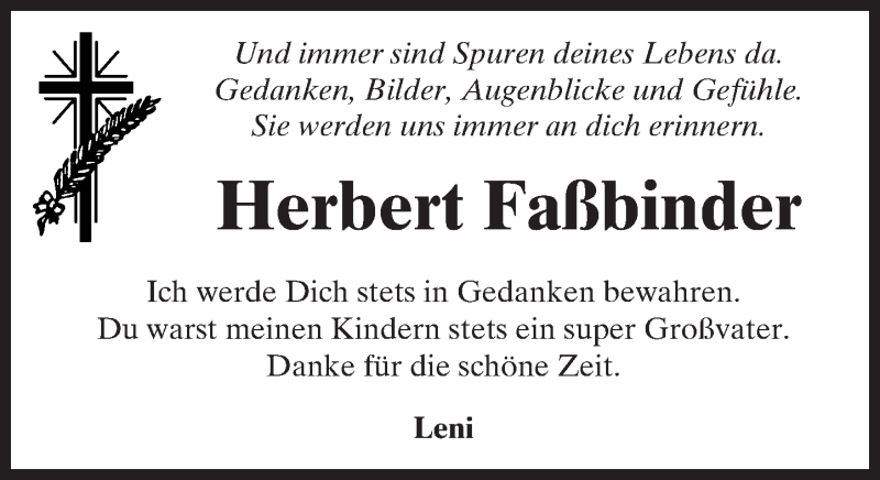  Traueranzeige für Herbert Faßbinder vom 23.07.2016 aus  Kreisanzeiger