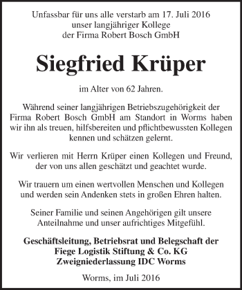 Traueranzeige von Siegfried Krüper von Trauerportal Rhein Main Presse