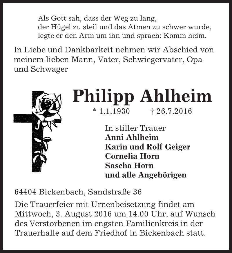  Traueranzeige für Philipp Ahlheim vom 30.07.2016 aus Trauerportal Echo Online