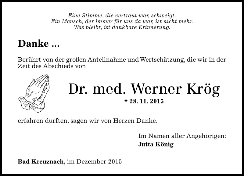 Traueranzeige für Werner Krög vom 31.12.2015 aus  Allg. Zeitung Bad Kreuznach