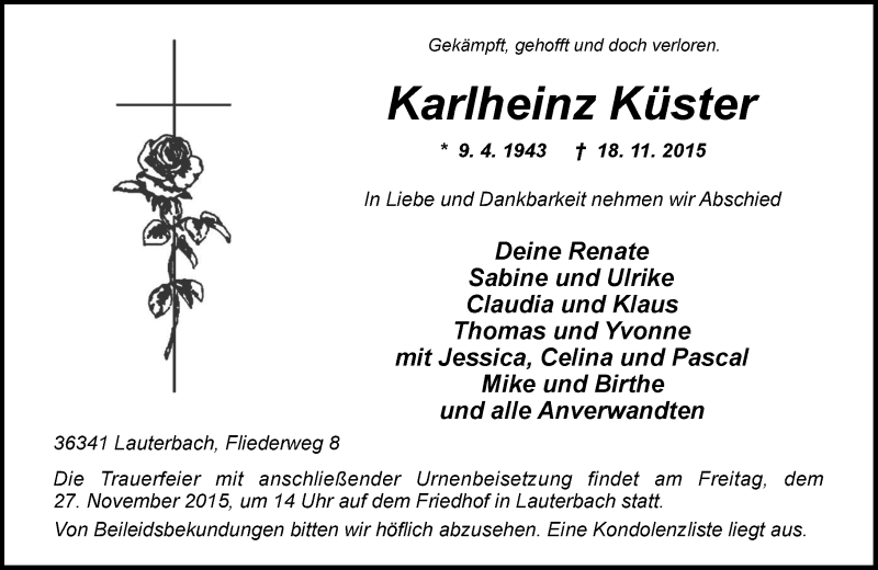  Traueranzeige für Karlheinz Küster vom 24.11.2015 aus VRM Trauer