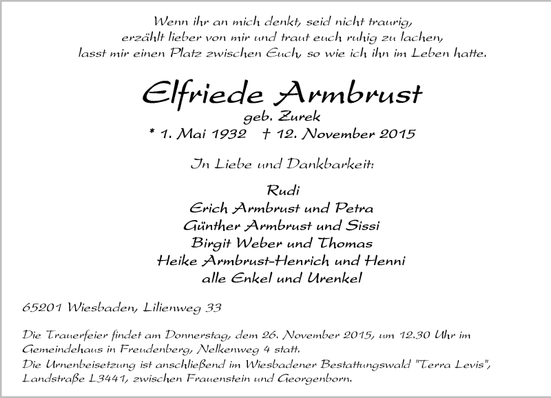  Traueranzeige für Elfriede Armbrust vom 21.11.2015 aus  Wiesbaden komplett
