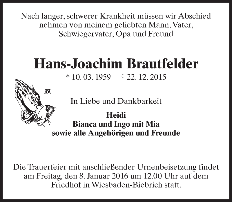  Traueranzeige für Hans-Joachim Brautfelder vom 02.01.2016 aus  Wiesbaden komplett