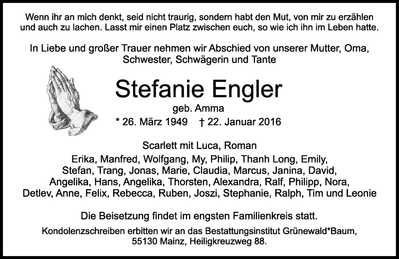  Traueranzeige für Stefanie Engler vom 30.01.2016 aus  Wiesbaden komplett