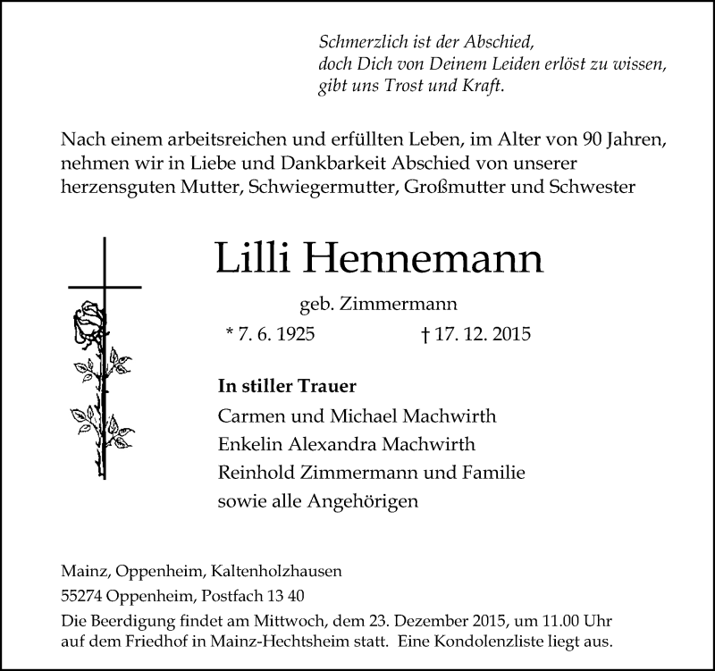  Traueranzeige für Lilli Hennemann vom 09.01.2016 aus  Allgemeine Zeitung Mainz