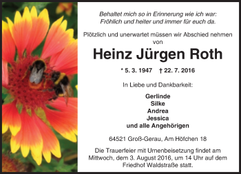 Traueranzeige von Heinz Jürgen Roth von Trauerportal Echo Online
