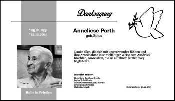 Traueranzeige von Anneliese Porth von  Landskrone
